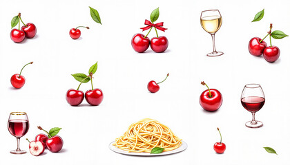 Cherry illustrations with wine glasses and spaghetti on a plate  