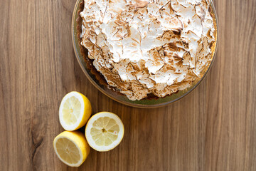 homemade lemon tart with meringue from the above view
