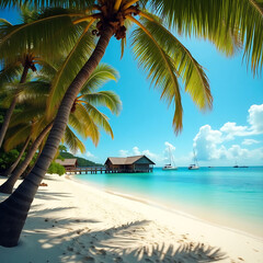 Fototapeta na wymiar tropical beach, sandy beach, palm trees, blue ocean