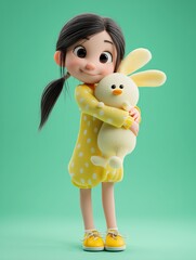 Adorable 3d cartoon girl hugging plush bunny in yellow dress on green background. Concept of toy branding, character design, and emotional connection for children