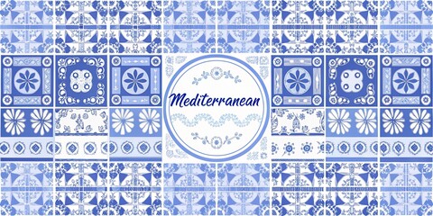 Blue and White Mediterranean Tile Pattern Background with Floral Accents