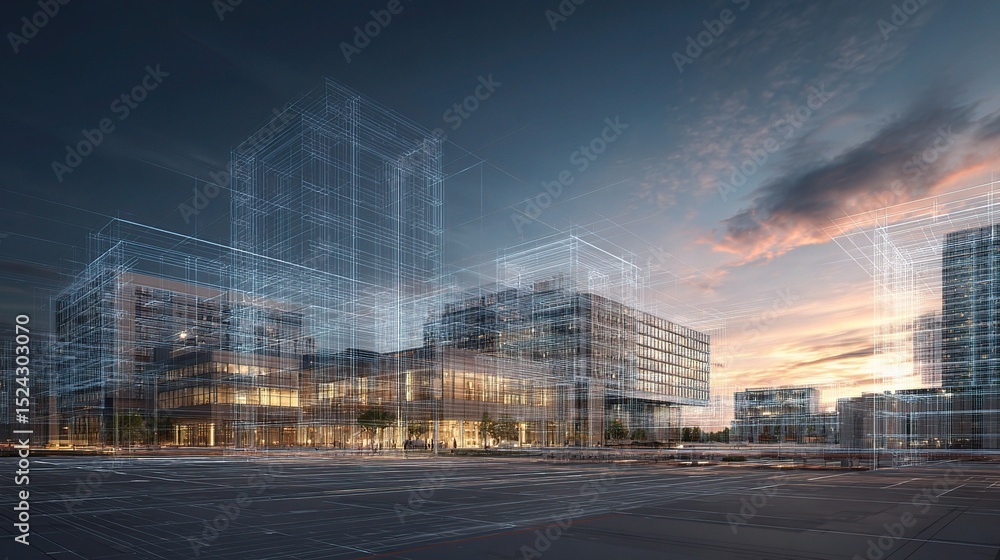 Poster digital rendering of a modern building overlaying a physical site