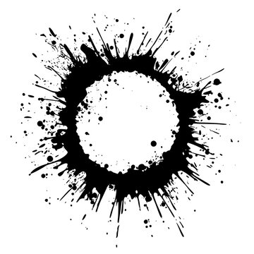 a black and white grunge splash and blots background black, circle , Generative art.