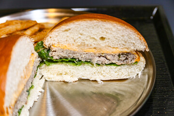 Homemade hamburger cut in half
