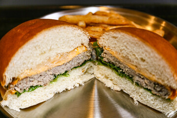 Homemade hamburger cut in half