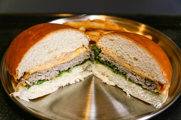 Homemade hamburger cut in half