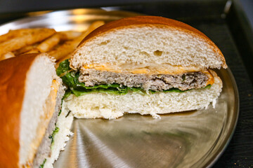 Homemade hamburger cut in half