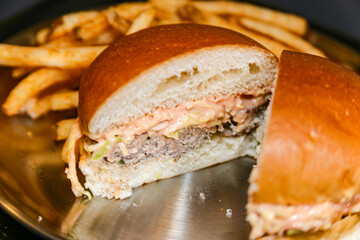 Homemade hamburger cut in half