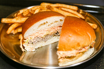 Homemade hamburger cut in half