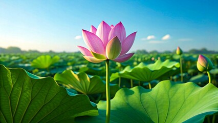 Obraz premium Serene pink lotus flower blossoms amidst lush green foliage under a vibrant blue sky.