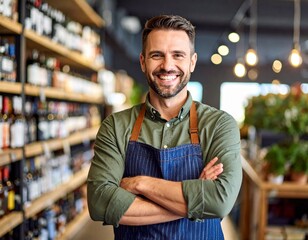 portrait of a handsome young man .Friendly shop owner wearing apron smiling in wine shop