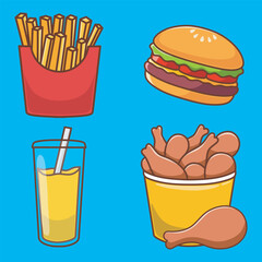Set of cute fast food. French fries, burger, orange juice, chicken bucket. Isolated on colorful background.