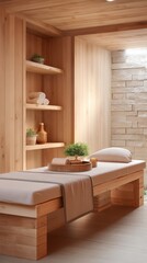 Eco massage room with wood textures and stone decor, serenity pressure eco symbolizing sustainable therapy experience
