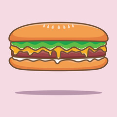 cute long sandwich with lettuce, tomato and cheese in flat cartoon style.