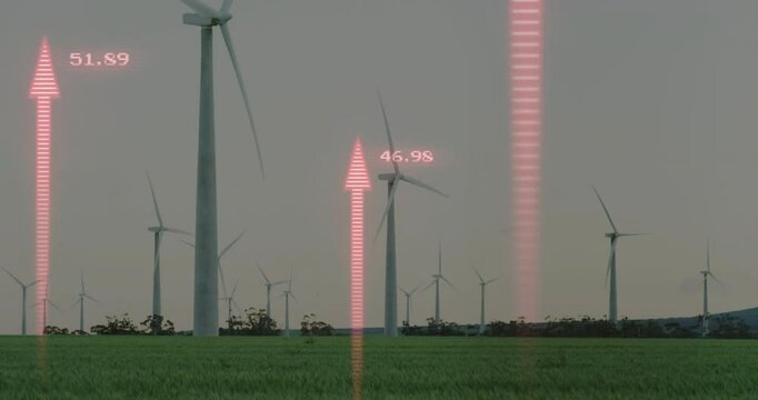 Magenta arrows appearing and shifting beside wind turbines showing rising and falling readings