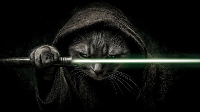Cat dressed as jedi warrior holding green lightsaber in dramatic dark sci-fi scene.