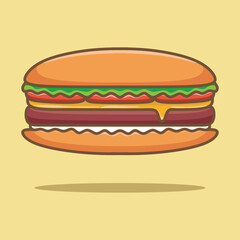 cute long sandwich with lettuce, tomato and cheese in flat cartoon style.