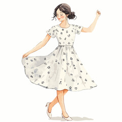 Naklejka premium Watercolor Illustration of a Dancing Woman in a Floral Dress