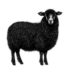 a black and white drawing of a sheep black, drawing, illustration, sheep, stand , Generative art.