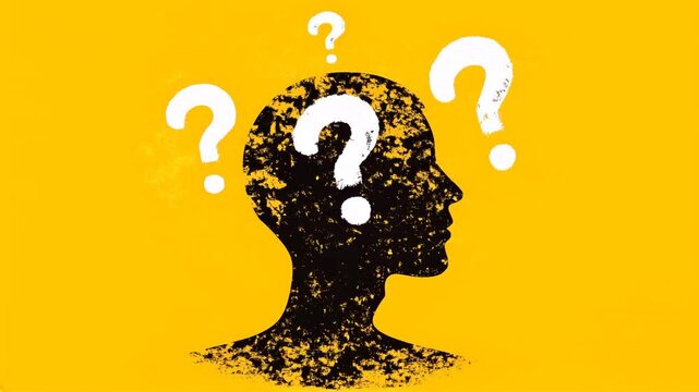 male face silhouette from right side with four white question mark signs moving around his head. isolated on yellow background. questioning unclearity asking unclear not knowing looking for solution