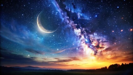 Fototapeta premium A serene landscape of a beautiful night sky with stars and a crescent moon , universe, starry sky