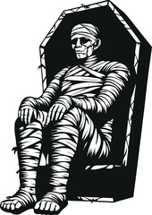 Mummy in Coffin Illustration for Halloween in Black and White