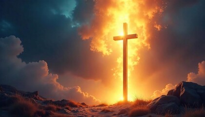 Fototapeta premium A dramatic depiction of divine light descending upon a staff, symbolizing God's blessing upon Moses and the Israelites Perfect for religious, biblical, and spiritual projects , leadership, history