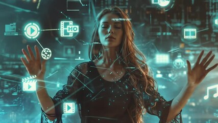 Woman interacting with futuristic holographic interface displaying digital icons and augmented reality elements for artificial intelligence applications - Powered by Adobe