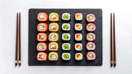 "Top-down view of assorted colorful sushi rolls neatly arranged on a black slate plate, placed on a white background, symmetrical composition with two pairs of wooden chopsticks on each side, minimal 