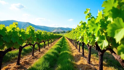 Naklejka premium Sun-drenched rows of grapevines stretch across a picturesque hillside vineyard, ready for harvest Lush green leaves and ripening grapes under a clear blue sky , plantation, organic