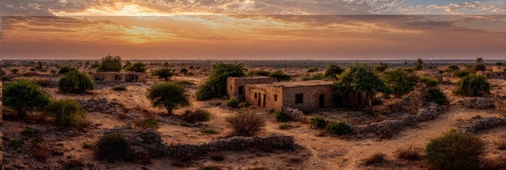 Abandoned desert village at sunrise