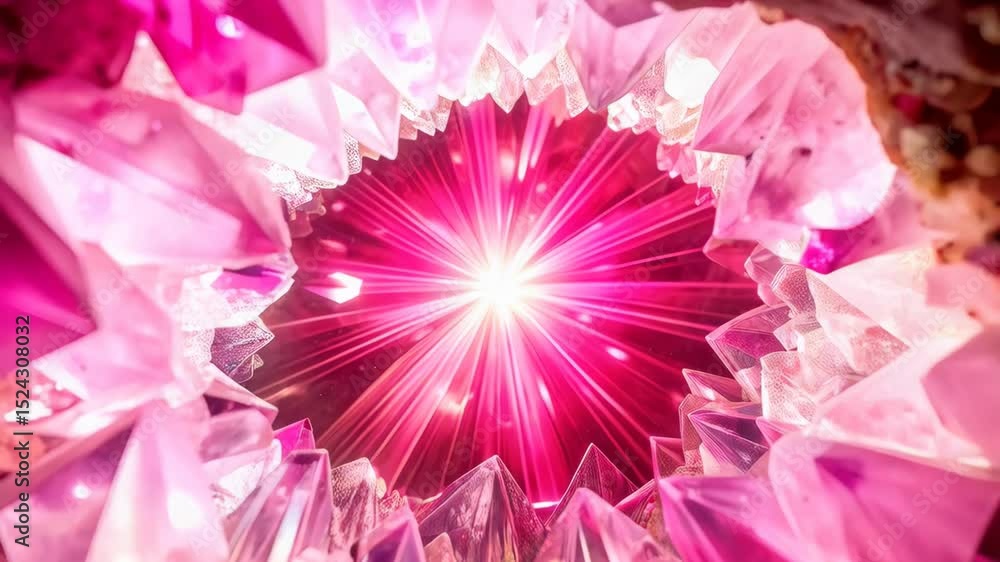 Poster radiant green light shines through an abstract tunnel lined with translucent pink quartz crystals, c