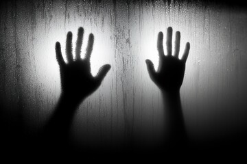 Two Hands Behind Steamy Glass in Black and White