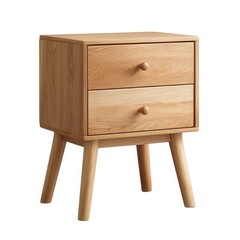 Two drawer oak wood nightstand isolated on white background