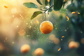 Orange fruit falling and flying, A vibrant orange fruit is depicted falling, while another orange is seen flying above, creating a dynamic scene