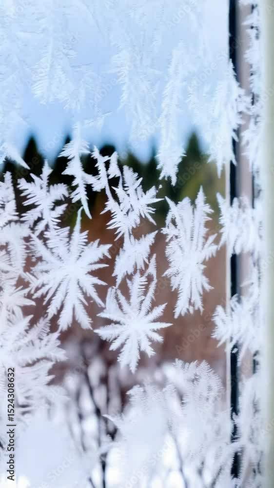 Poster macro view of ice crystals on window in winter creating frost patterns and designs against blurred o