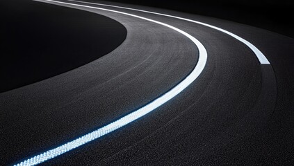 Curved asphalt road at night, illuminated by glowing white lines