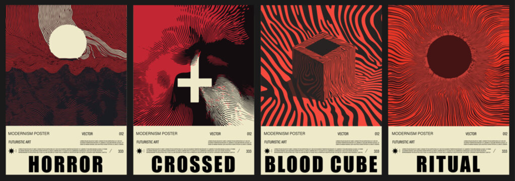 Set of four horror style vector posters with abstract, wavy op-art patterns in bold red, black, and beige tones. The trending modernism style combines futuristic and minimalist.