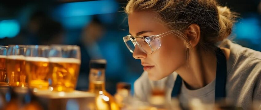 A lab assistant checks the production brew and analyses the drinks in the lab's glasses.