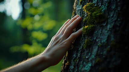 Evergreen Forest Bathing A hand gently touches the textured bark of a tree in a serene, green forest setting.