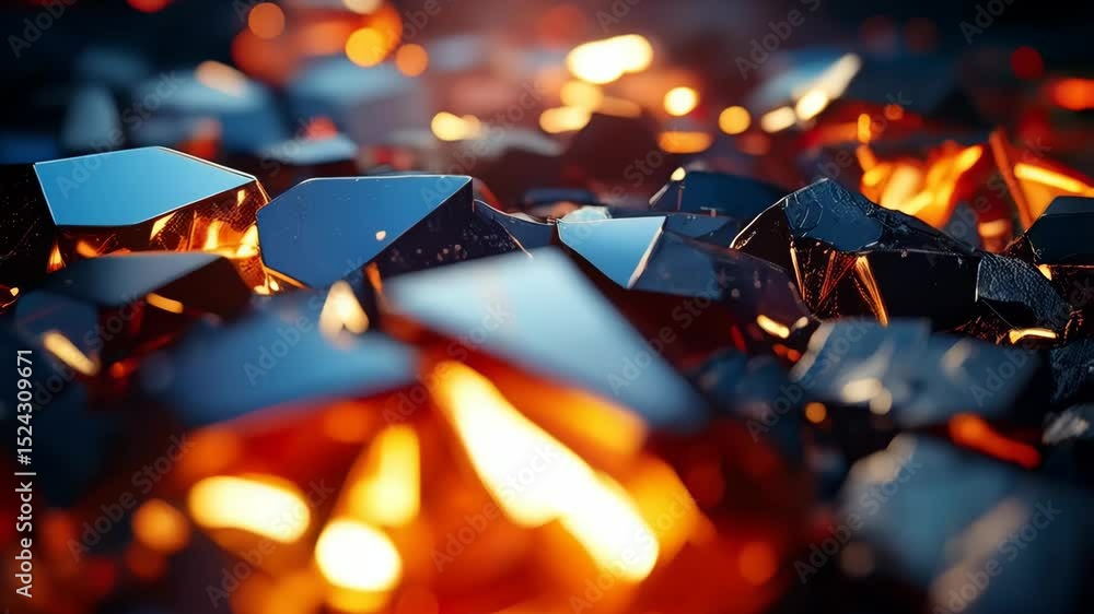 Poster close-up view of scattered polygonal shapes with reflective blue and orange surfaces, creating an ab