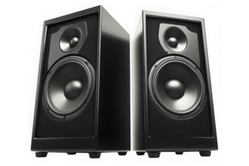 Pair of black studio speakers isolated on transparent background