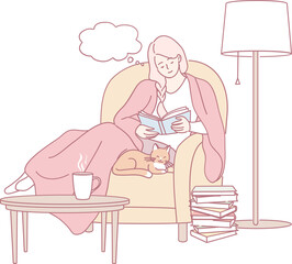 A peaceful and serene indoor scene featuring a woman deeply engaged in reading while a cozy cat cuddles on her lap