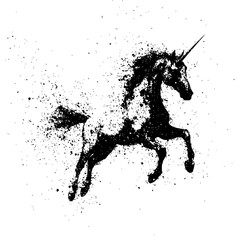 black silhouette of a running unicorn on a transparent background art, black, horse, mold, silhouette, unicorn , Generative art.