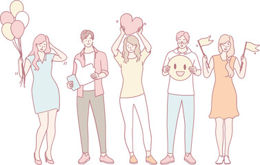 A diverse group of friends celebrating with balloons, hearts, and emojis, showcasing joy and togetherness.