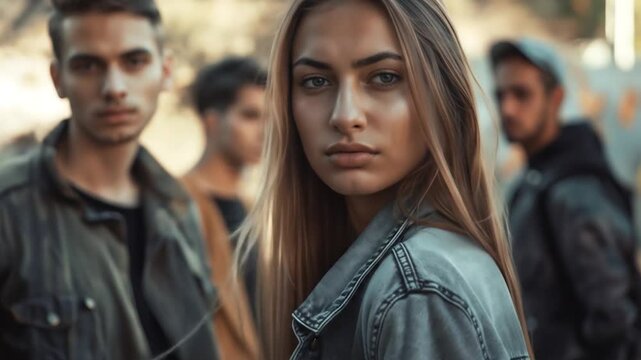 Alternative youth subculture leader confronts societal norms with rebellious stance, backed by gang members representing urban counterculture movement. Jobless young generation