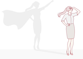 A stylish woman in a chic professional outfit stands confidently, exuding strength with a heroic silhouette behind her