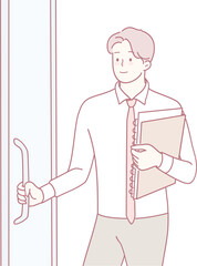 A confident man, dressed in formal business attire, is holding a folder while entering an office space