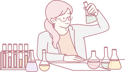 A female scientist in a lab examines test tubes and flasks, demonstrating her expertise in chemical experiments