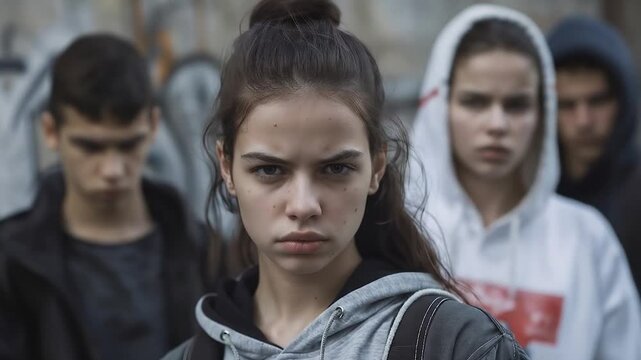 Troubled teenager leading youth gang mirrors growing social crisis, reflecting issues of juvenile delinquency and adolescent mental health problems.